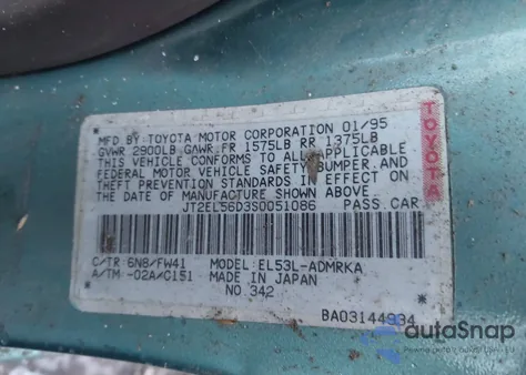 1995 Toyota Tercel Dx z USA, uszkodzony, nr VIN JT2EL56D3S0051086